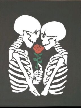 Gothic Skeleton Couple Kiss Painting Dark Love Rose Canvas OOAK 11x14